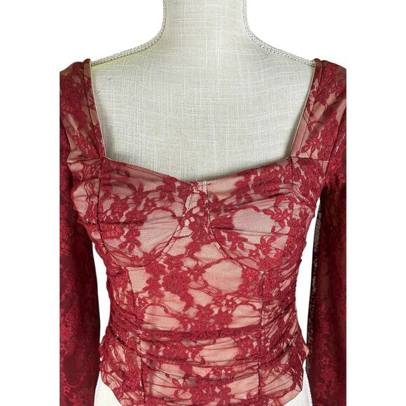 Cropped Sheer Lace Corset Top Womens M Burgundy Fairy Grunge Coquette Whimsygoth - Picture 3 of 8